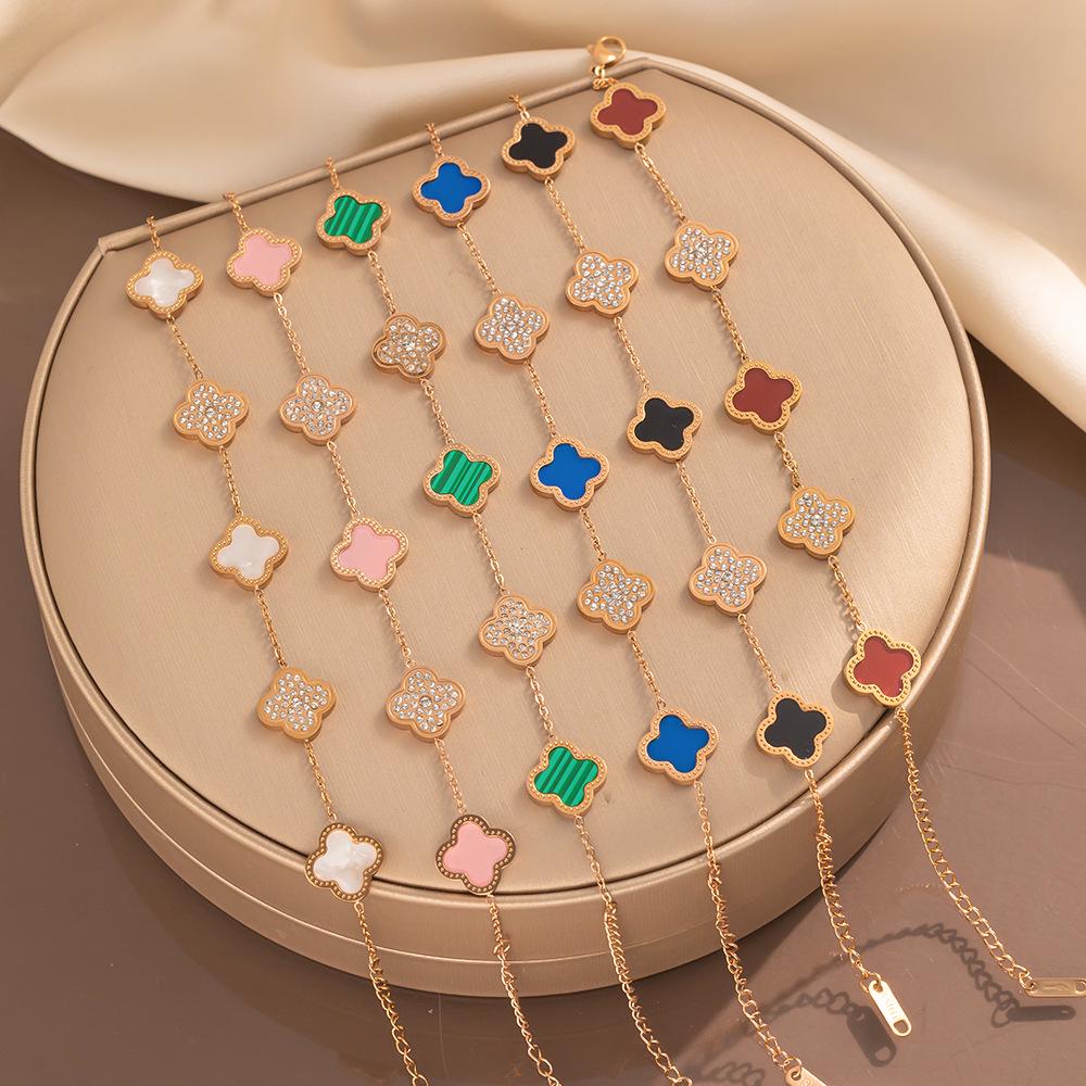 Non-Fading Rose Gold 18K Four-Leaf Clover Bracelet with Diamond Accent – European & American Style Charm Jewelry