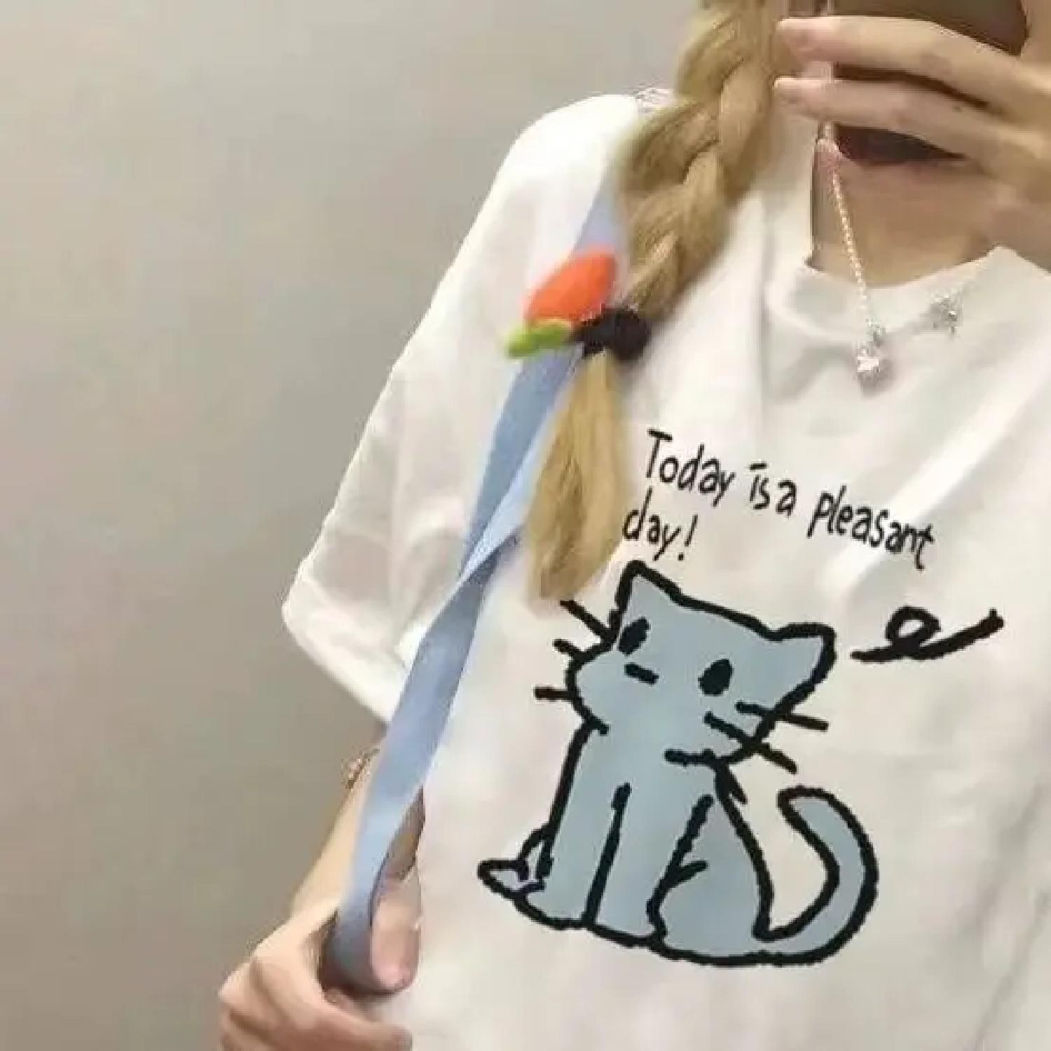 

2025 New Japanese Kawaii Clothes Sweet Cat Printed Short Sleeve T-shirt Women Summer Casual Cute Top Gentle Y2k Top XXXXXL білий