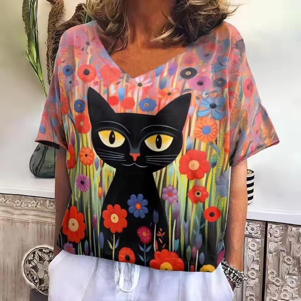 Retro T-shirt Women's V-neck Cartoon Cat Summer Casual Fashion Short Sleeve Tops Harajuku Wind T-shirt OverSize Women's Clothing