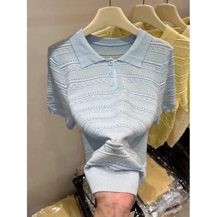 

Рубашка-поло с лацканом и вырезом, трикотажный свитер с коротким рукавом, новый и нишевый топ с рукавом до локтя для женщин летом one size синий