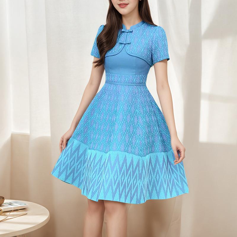 ZANZEA Women Summer Stand Collar Casual Short Sleeve Print Dress