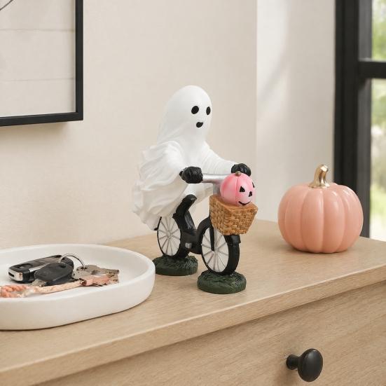 Hand Painted Resin Ghost Decor Halloween Riding Bicycle Figurine, Spooky Desk Shelf for Durable Window Display Home Entryway, Hand-Painted Creepy Cute