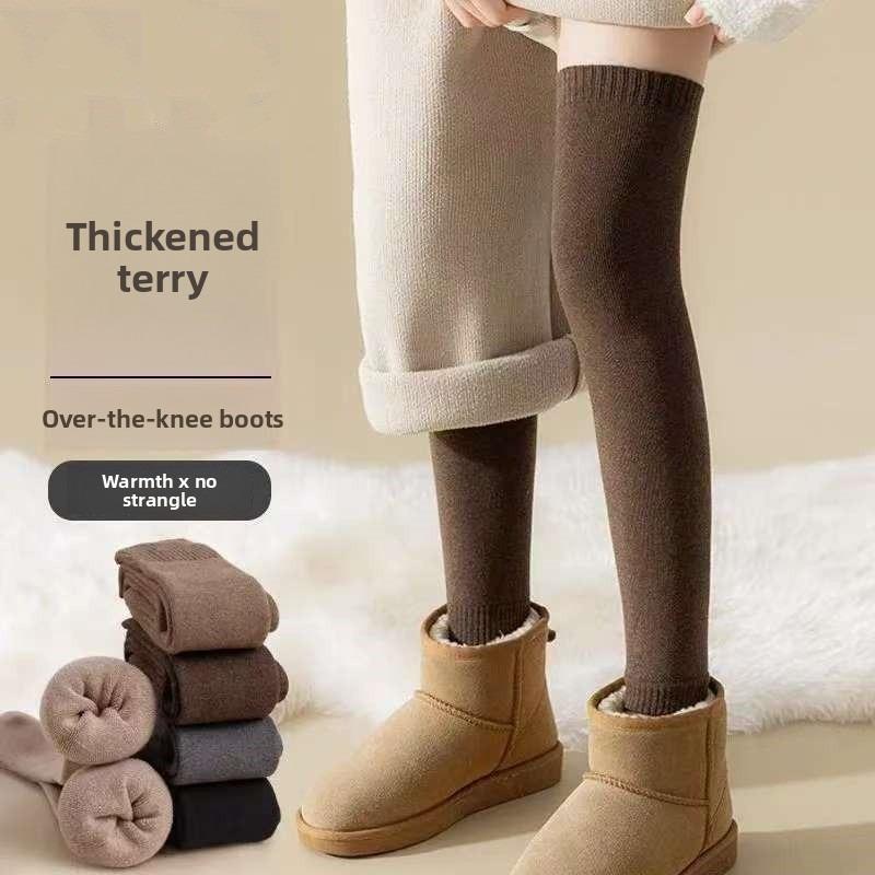 Thick and Warm Padded Women's Long Knee Socks with Woolen Cuffs for Autumn and Winter. Knee-length Over-the-knee Socks for Warmth.