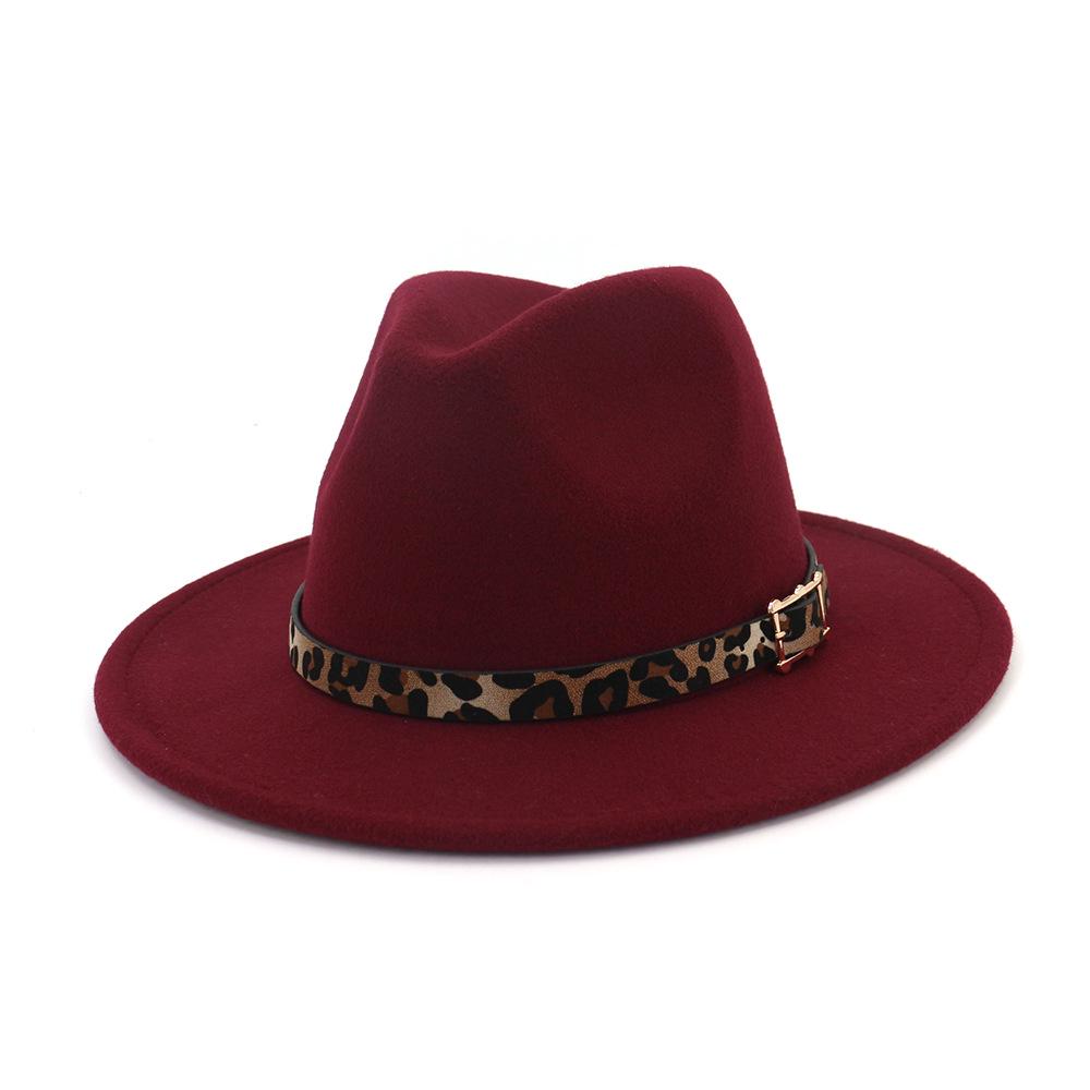 19 Color Women'S Wide Brim Felt Fedora Panama Hat With Leopard Belt Buckle Party Trilby Cowboy Hat Fashion Jazz Cap