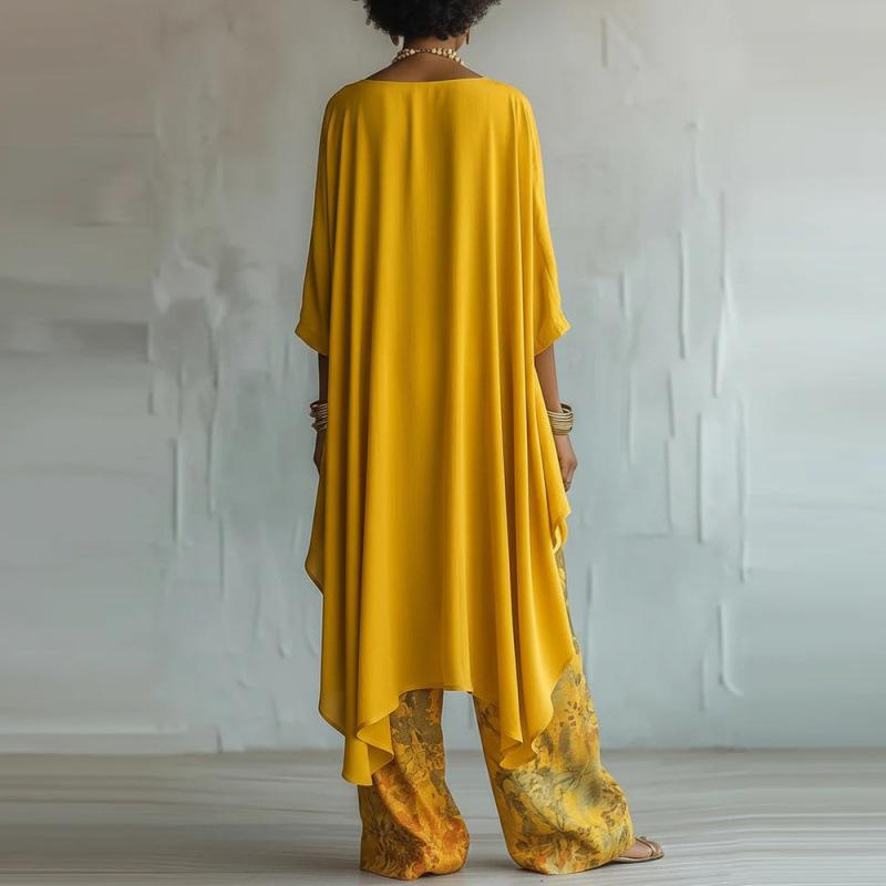 2026 European and American Women's Fashion Digital Print Wide-Leg Pants + Crew Neck Long-Sleeve Solid Color Top Two-Piece Set