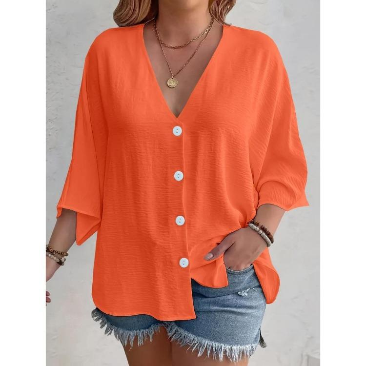 2025 New Women's Plus Size Casual V-Neck Long Sleeve T-Shirt Elegant Loose Blouse Solid Color Fashion Top for Spring Summer