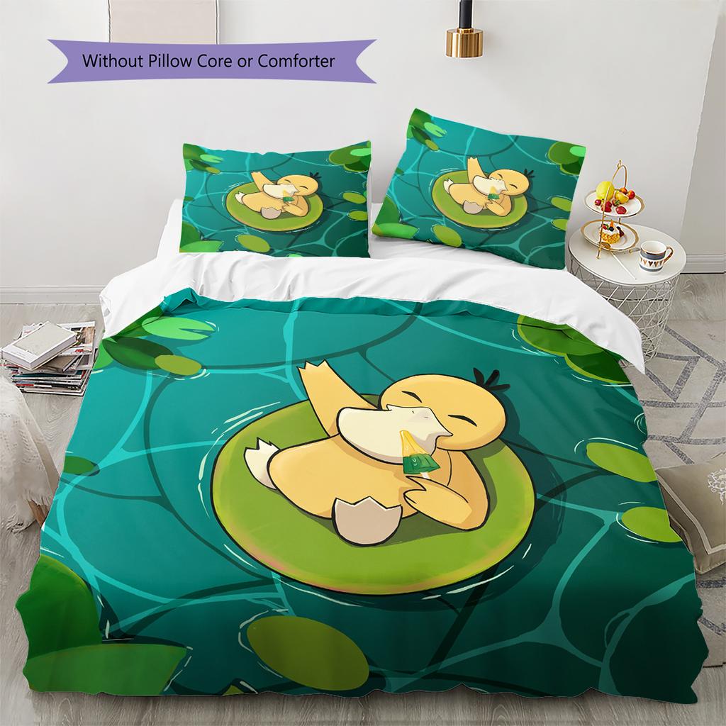 Pokémon Enton Muster Bettwäsche Heimdekoration Geburtstagsgeschenk (1 Bettbezug + 2 Kissenbezüge, ohne Füllung)