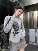 Sweet Lazy Rose Long Sleeve Knit Sweater - Women's Loose Warm Jacquard Top for Autumn Winter