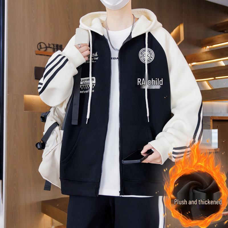 Autumn/Winter Cardigan Hoodie for Boys (Ages 13-16) - Stylish, Thick, Plus Velvet Outerwear