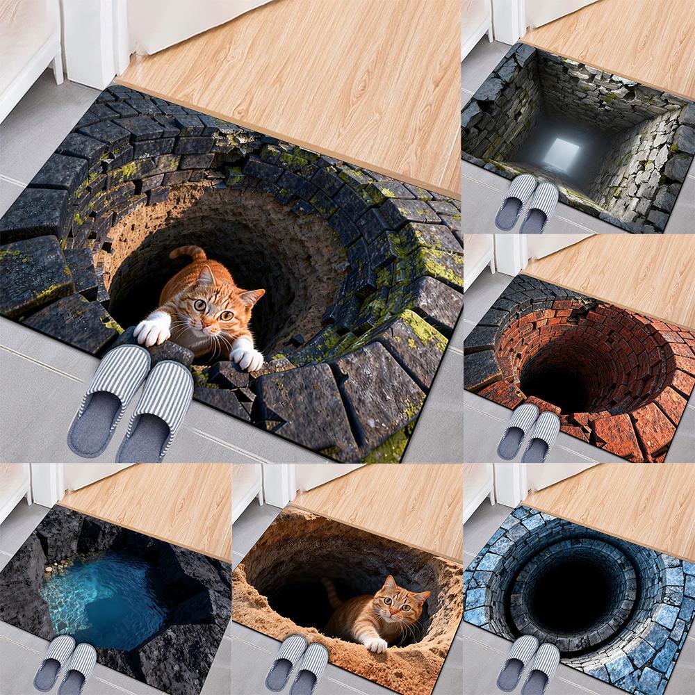 3D Illusion Cat Doormat with Orange Tabby Peeking From Stone Pit Entrance Anti Slip Mat for Pet Lovers Gift