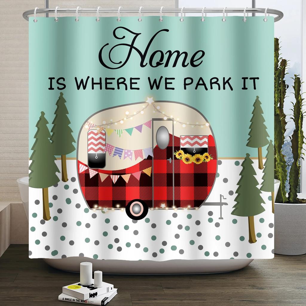 Camper Shower Curtain Happy Camper Trailer Car Rv Forest Mountain Tent Camping Bathroom Shower Curtain Waterproof Bath Curtain