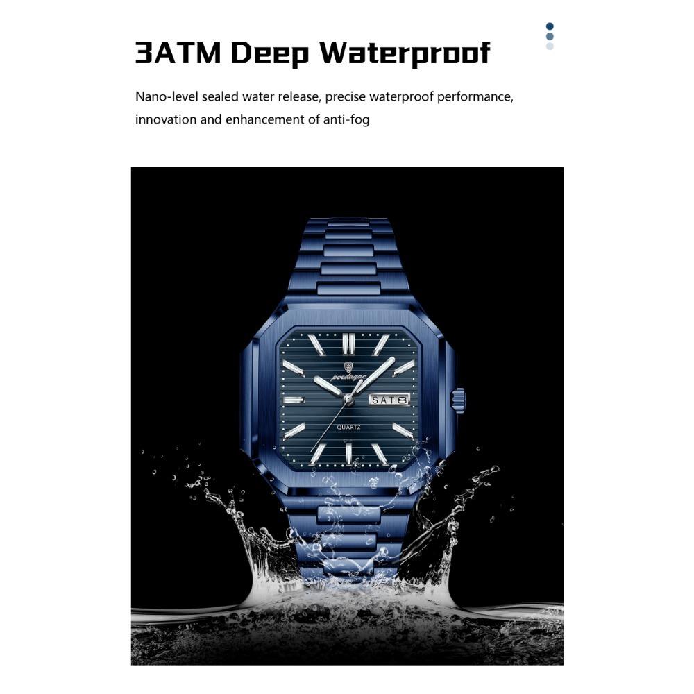 POEDAGAR Luxury Watch Waterproof Luminous Date Week Quartz Men's Watches Stainless Steel Fashion Square Men Watch