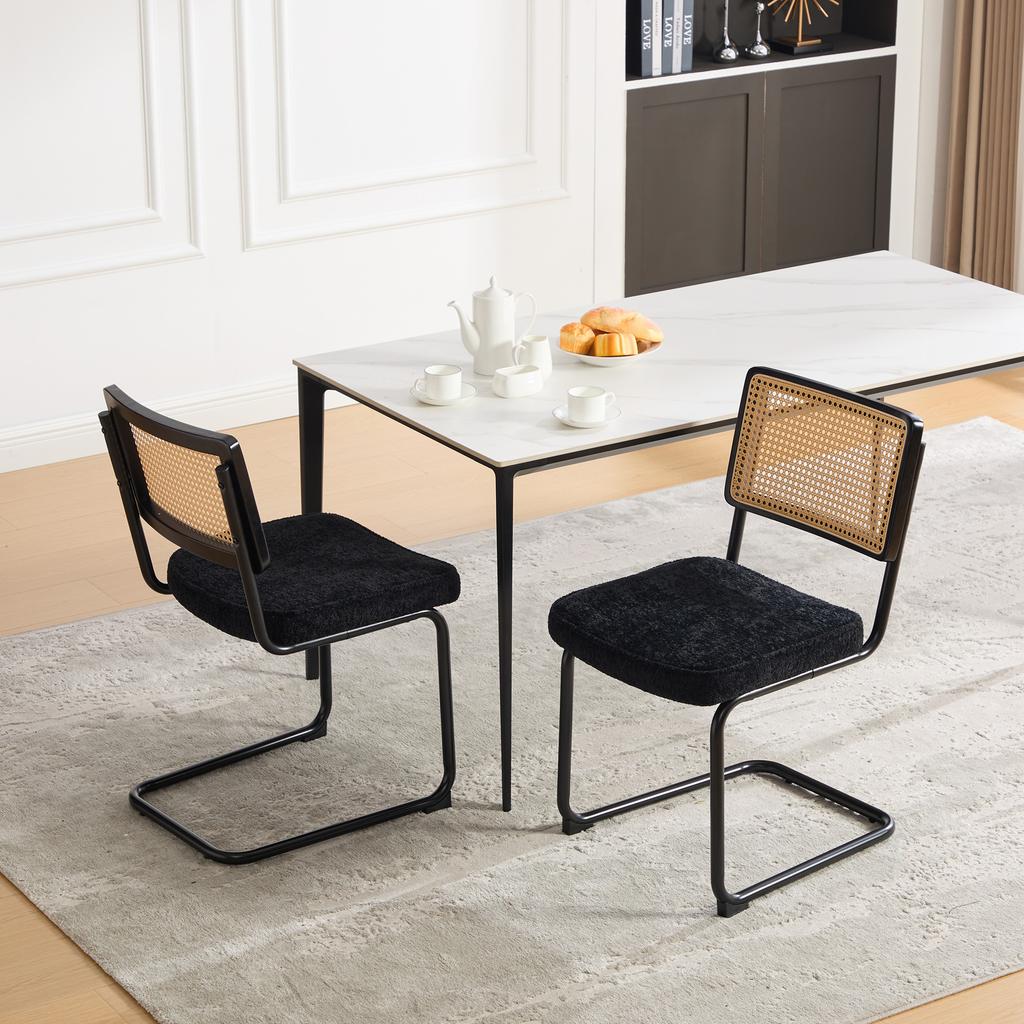 Modern Rattan Dining Chair with Black Metal Frame, Synthetic Cane Back & Chenille Seat Cushion for Kitchen, Living Room, Bedroom-Black