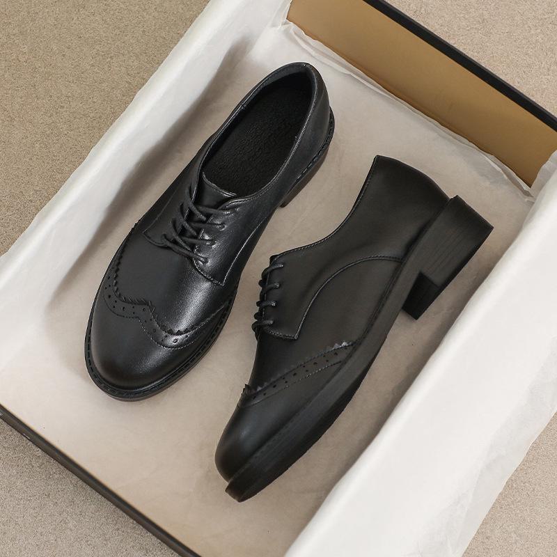 Women's 2024 Autumn British Style Black Leather Lace-Up Flat Loafers with Soft Soles