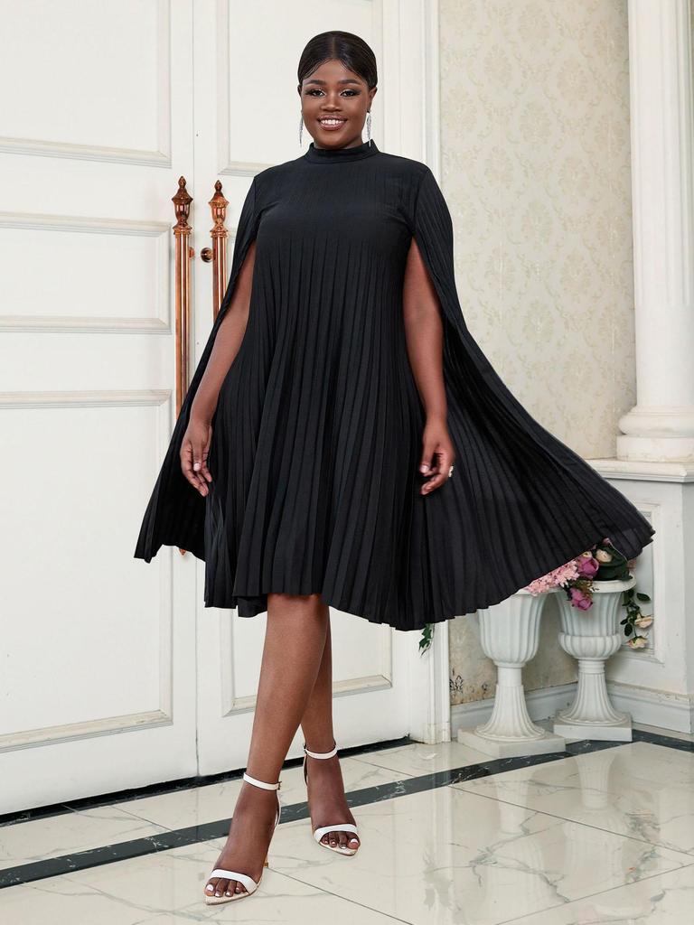 AOMEI Party Dresses for Women Stand Collar Pleated Cape Sleeve Loose Midi Dresses Elegant Lady Evening Wedding Birthday Events Red Outfit