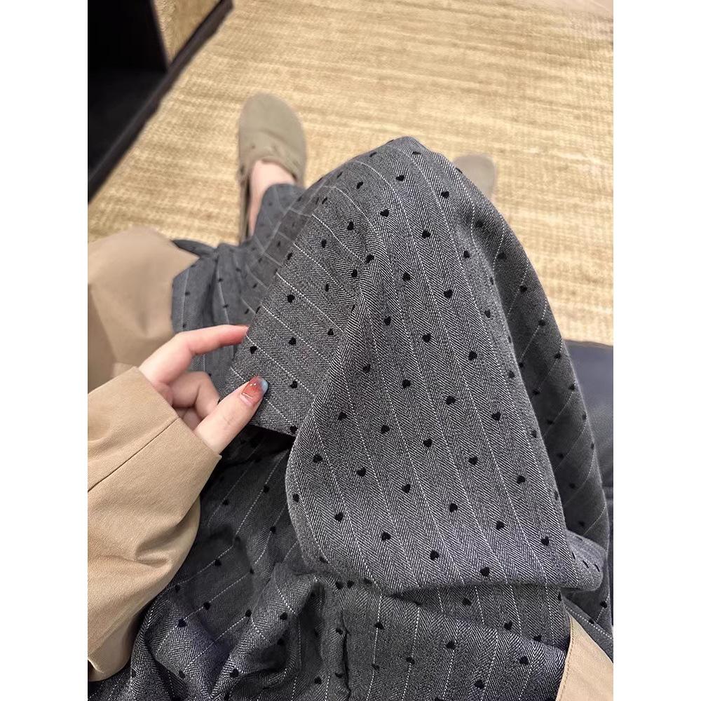 2025 Women's Khaki Polka Dot Striped Wide-Leg Pants - Spring & Autumn Relaxed Fit