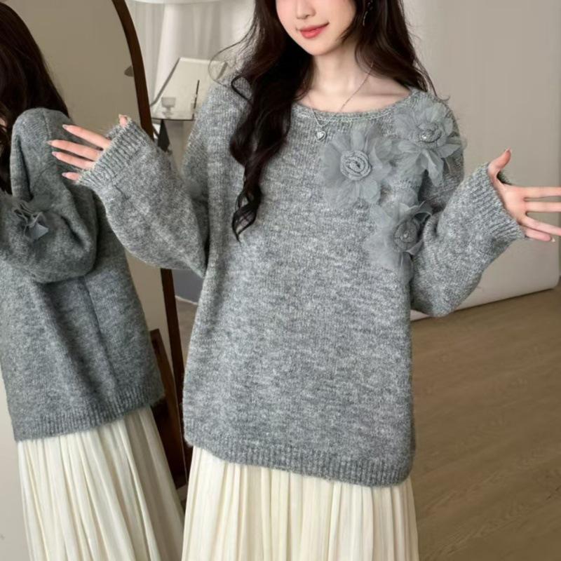 2026 Herbst/Winter Damen Übergröße 3D Floral Strick Rundhals Pullover