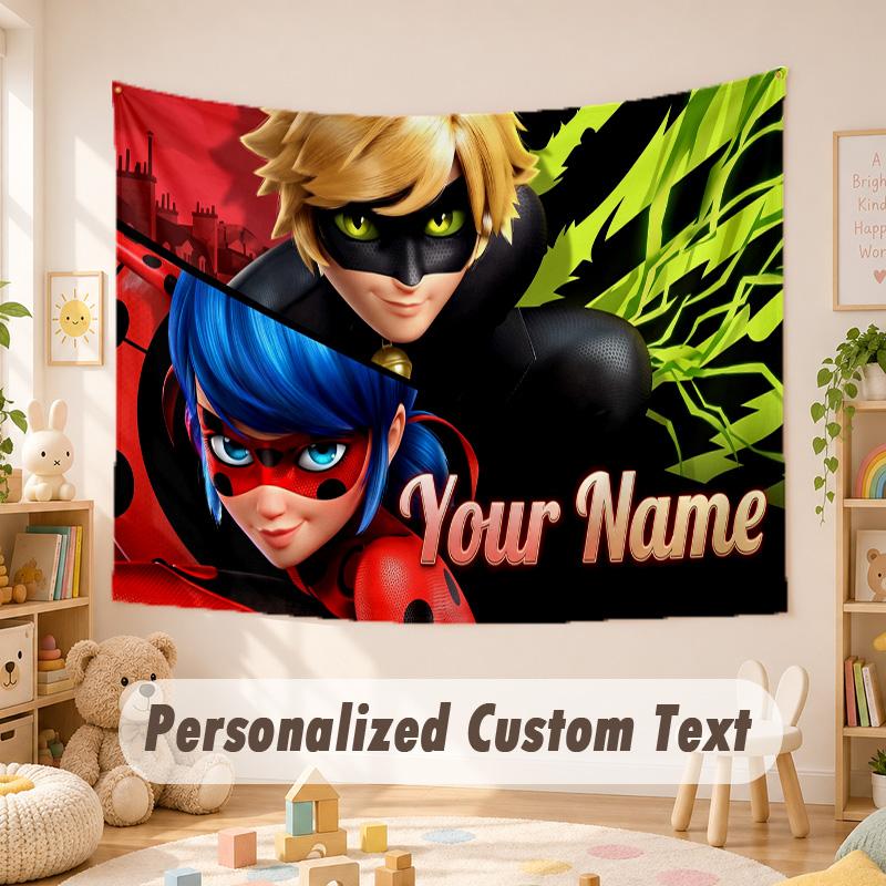 Arazzo con Testo Nome Personalizzato, Appeso a Parete Boho Miraculous Ladybug, Arazzo Decorativo di Sfondo Per Stanza