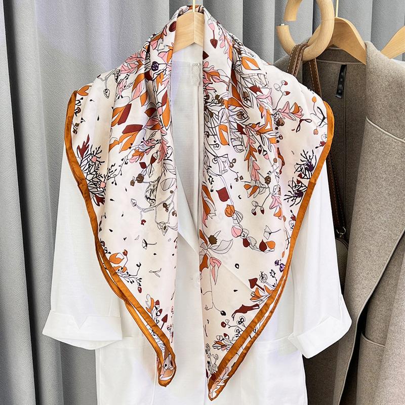 Japan And Korea Sweet Wind Silk Scarf Women'S Printed Scarf Satin Imitation Silk 90Cm Large Square Scarf Travel Sunscreen Shawl