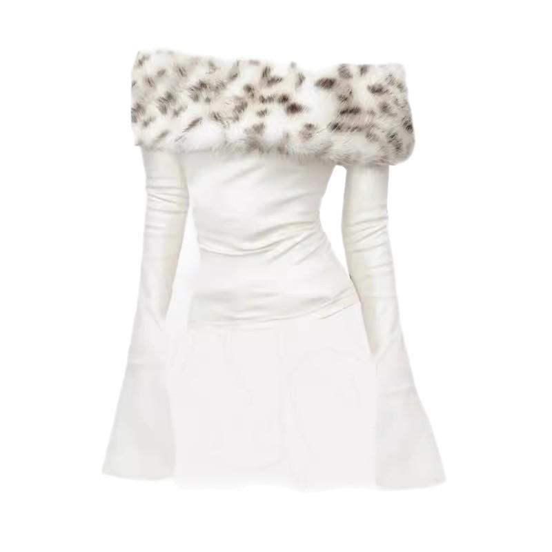 Korean Sweet Off-Shoulder Long-Sleeve Fur Collar Slim Fit Autumn Top for Women S белый