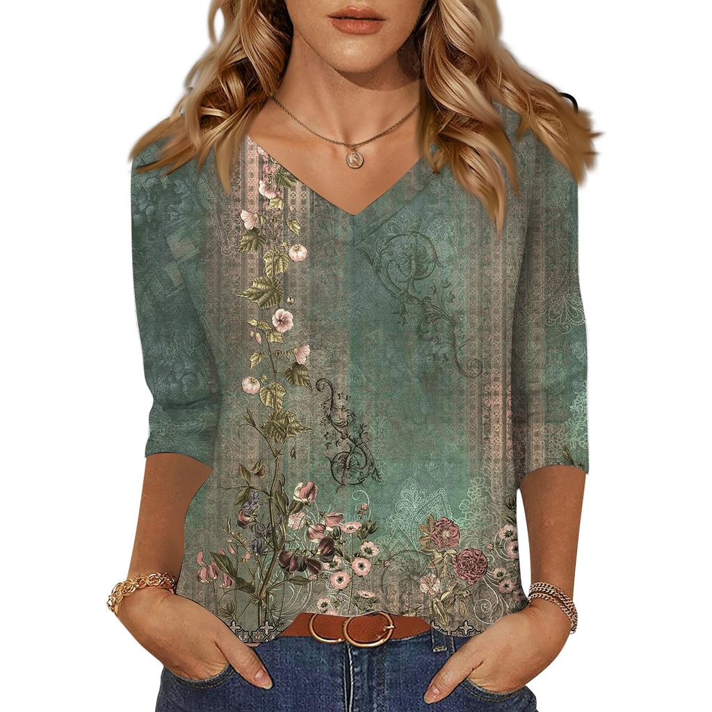 3/4 Sleeve Shirts For Women Cute Print Graphic Tees Blouses Casual Plus Size Basic Tops Pullover