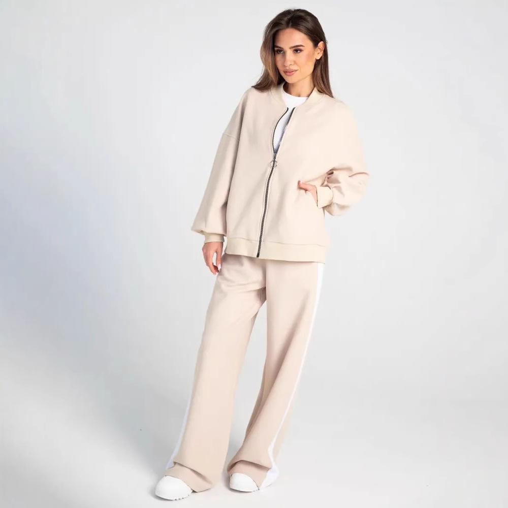 Women's Autumn 2-Piece Sportswear Set - Casual Long Sleeve Zip-Up Baseball Jacket & Solid Color Trousers