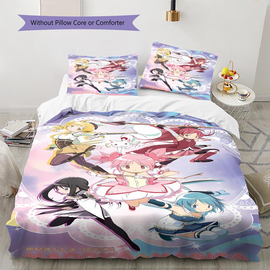 Puella Magi Madoka Magica Vzorované povlečení, Sada přikrývek Povlak na přikrývku Povlak na polštář Domácí dárek k narozeninám (1 * povlak na peřinu + 2 * povlak na polštář, bez jádra)