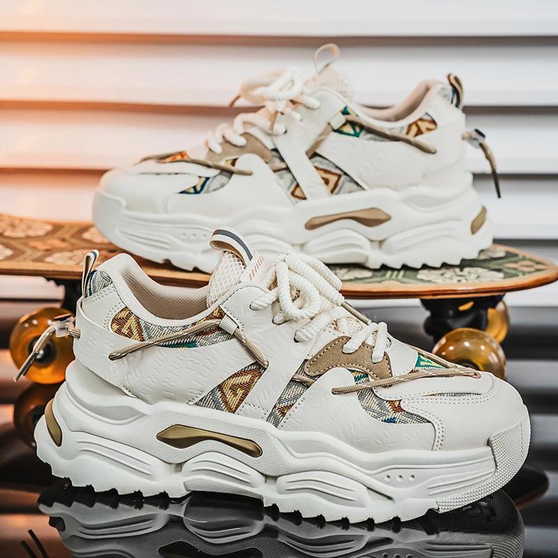 Fashion Men's Sneakers Luxury Brand Leather Casual Shoes Trend Skateboard Shoes for Men Lace Up Platform Vulcanize Shoes Tenis Masculino