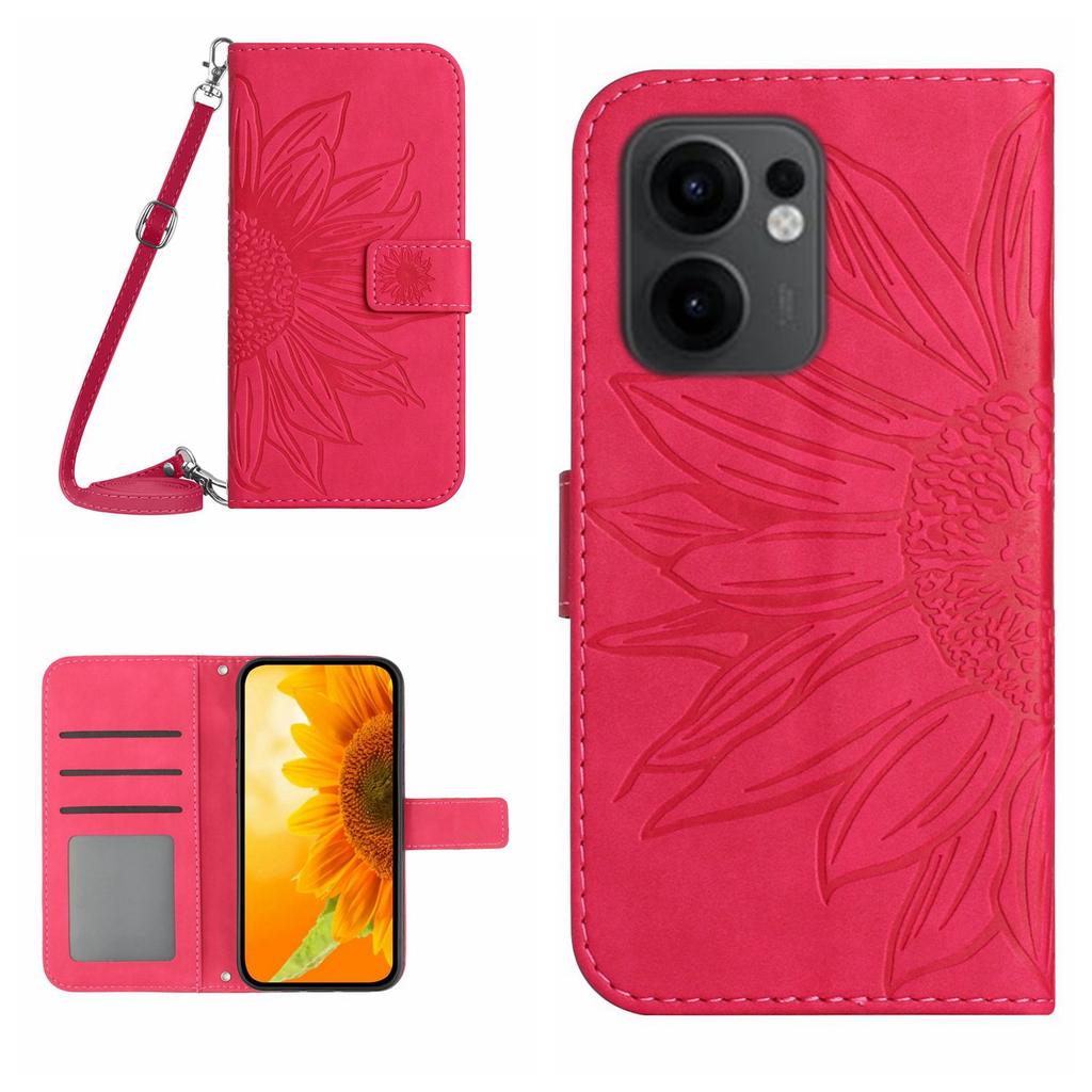 For Oppo Reno13 F 4G/5G Case Sunflower Imprint PU Leather Phone Cover with Long Strap