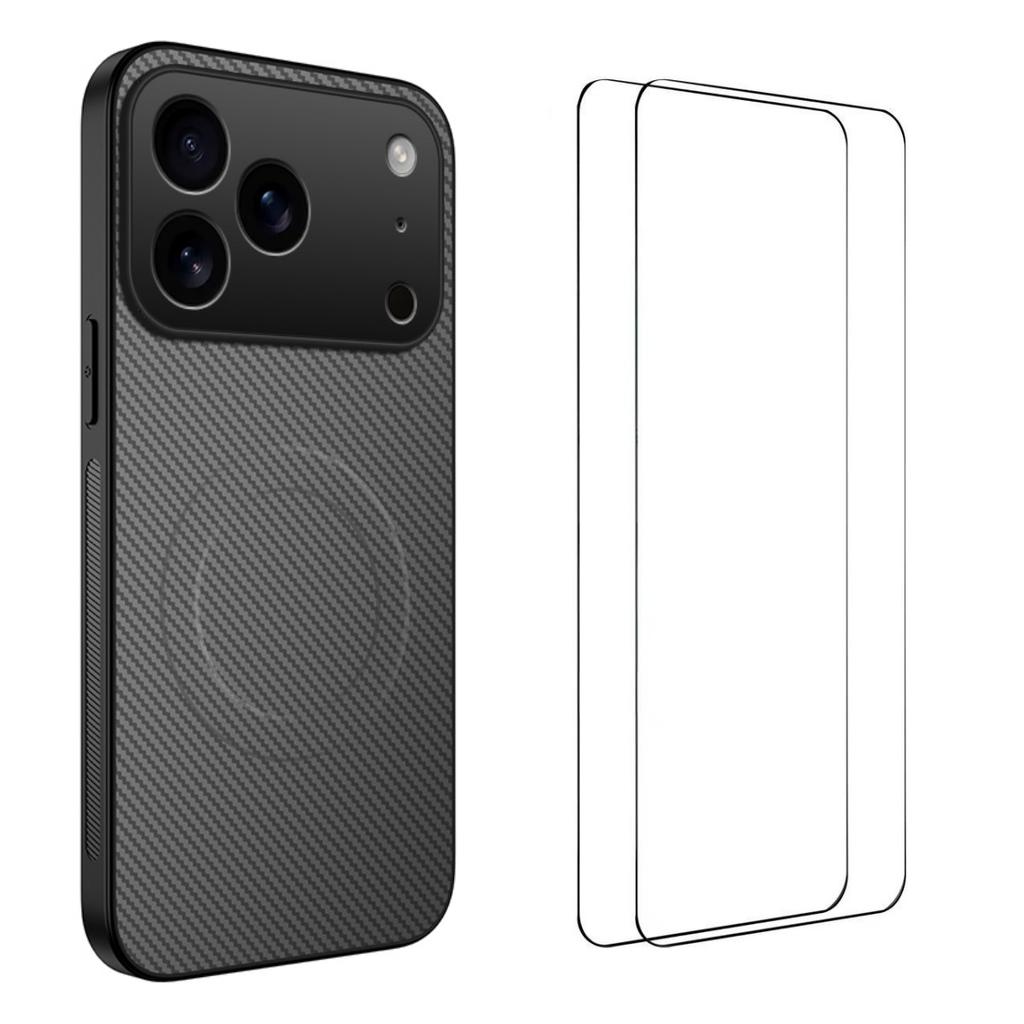 For iPhone 17 Pro Magnetic Case WANLONFENG TQ1 Series Carbon Fiber Texture PC TPU Phone Cover with 2Pcs Screen Films