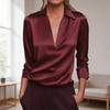 Women Shirt Lapel V-Neck Long Sleeve Smooth Satin Shirt Tops Pure Color Loose Fit Smooth Satin Office Lady Shirt Daily Wear
