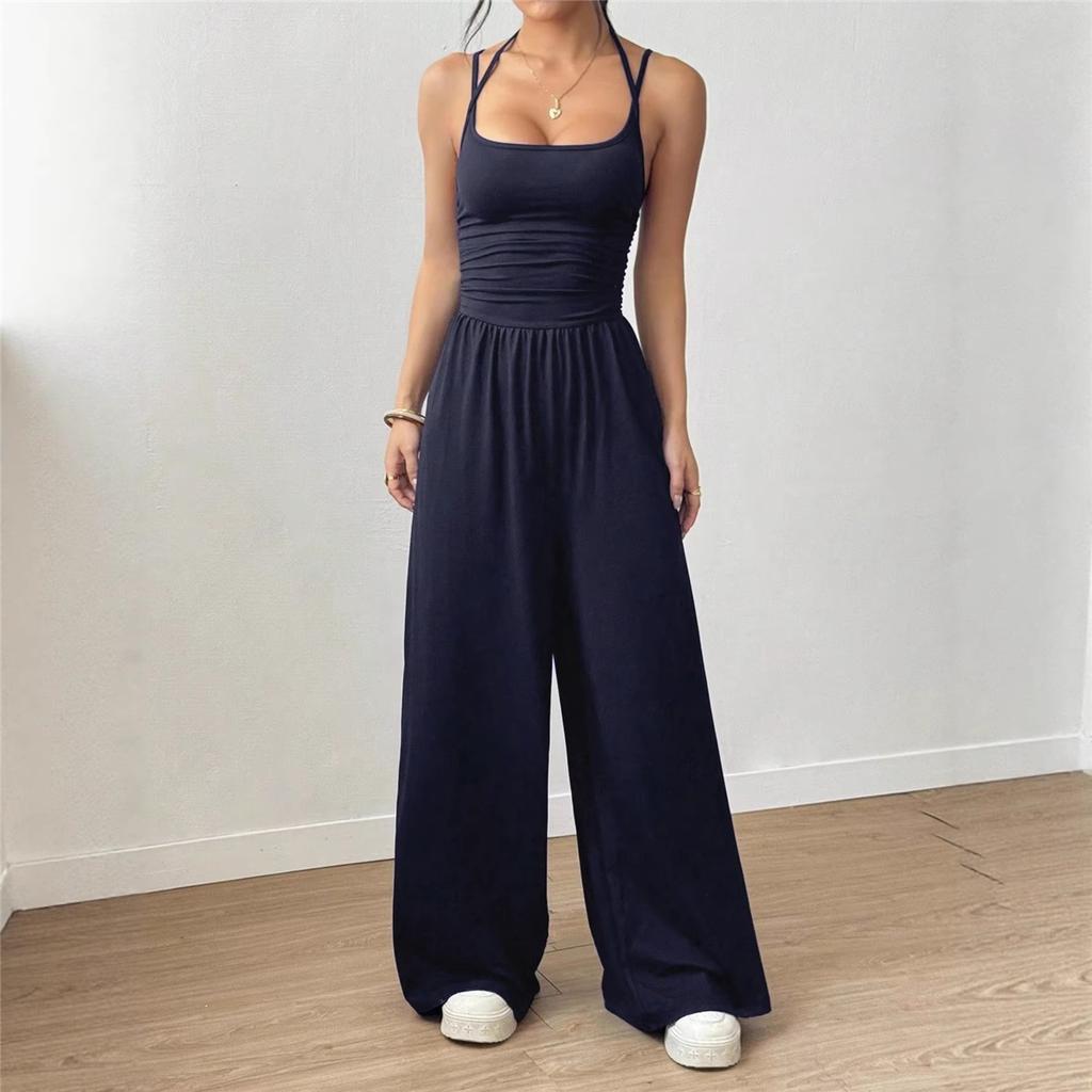 Women's Halterneck Suspender Pleated Waist Backless Jumpsuit