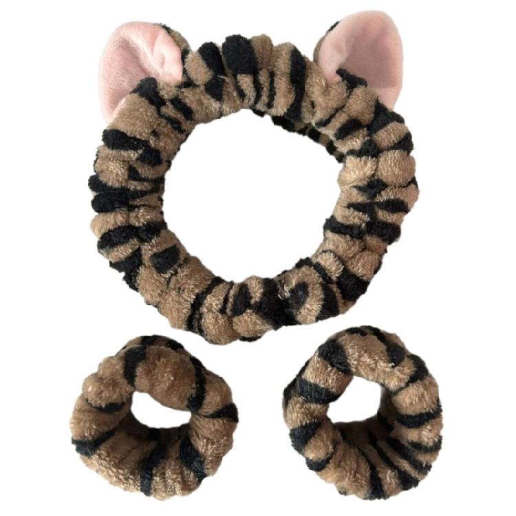 Набор из 3 плюшевых повязок на голову для умывания с ушками котенка  Впитывающие браслеты для умывания лица чёрный/кофейный