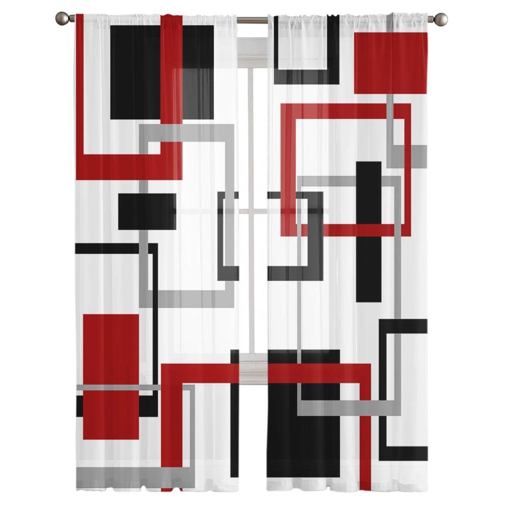 Abstract Geometric Squares Art Black Red Translucent Curtain Living Room Printed Tulle Window Drape Elegant Luxury Home Balcony Decor Curtains