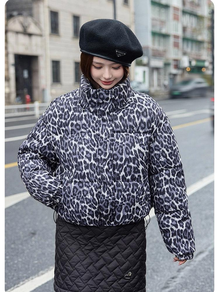 Vintage Odnímatelná Kapuce Leopardí Vzor Krátká Zimní Bunda
