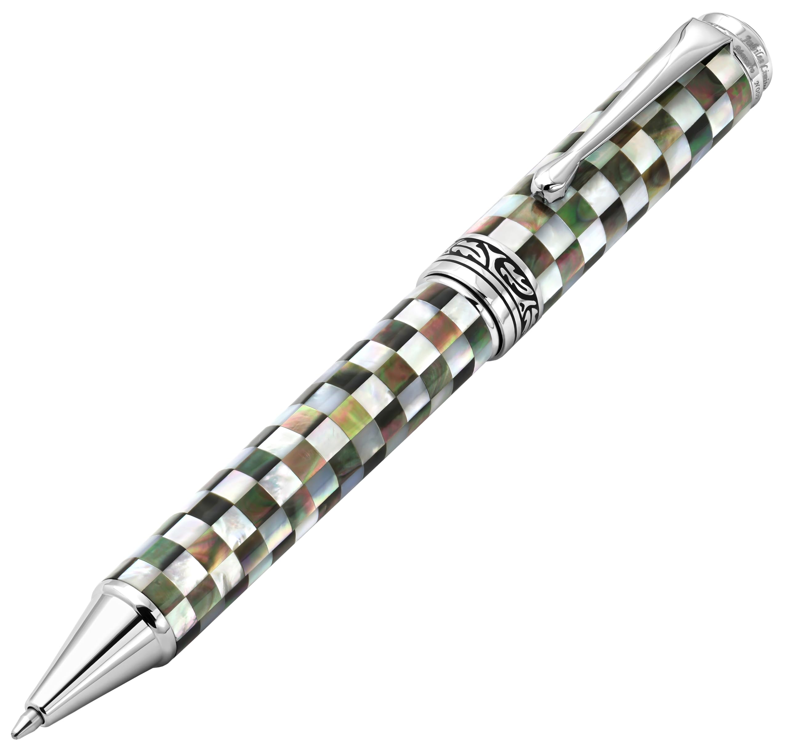 

Xezo Maestro Jubilee Twist Action Ballpoint Medium Oceanic White and Black Checkered Chrome Limited Edition of No two pens are Pen, Point.