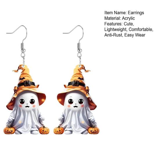 Smooth Polished Ear Pins 1 Pair Halloween Cute Ghost Earrings, Acrylic Dangle Earrings with Witch Durable Festive Hat Pumpkin Bat, Anti-Rust