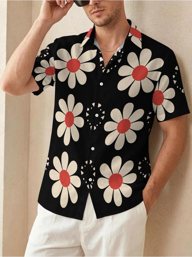 Men'S Casual Shirt, Mixed Colors, Multiple Specifications Available, Polyester Material, Daisy Pattern Short Sleeves, Beach Style, Stylish And