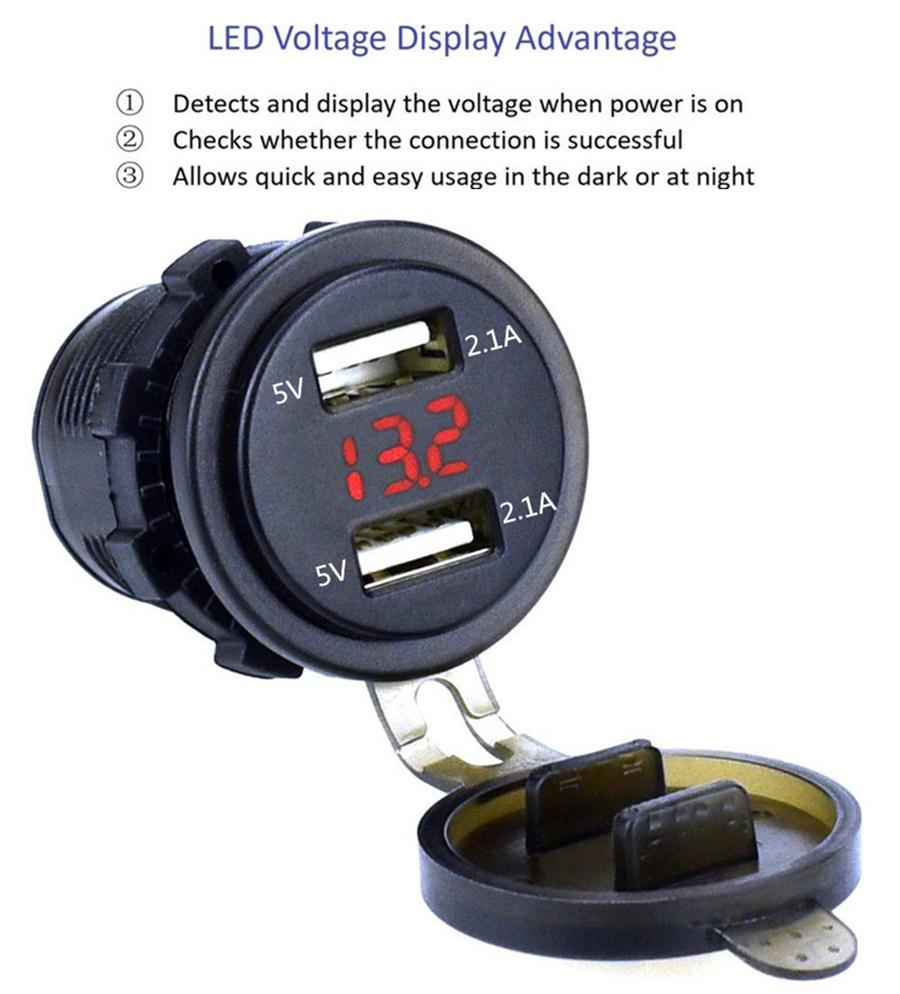 Waterproof Dual USB Charger Socket Waterproof Power Outlet 4.2A with Voltmeter & Wire In-line 10A Fuse for 12-24V Car Boat Marine Motorcycle