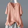 Women's Summer Plus Size T-shirts Loose Cotton Linen Short Sleeve V-Neck White Tops