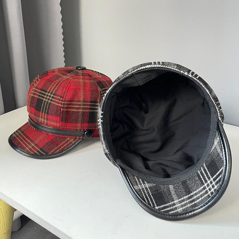 Chapeau Octogonal Britannique pour Femmes Automne et Hiver Plaid Rétro Casquette à Visière Montrant le Visage Petit Béret Chapeau de Garçon de Presse Épaissi