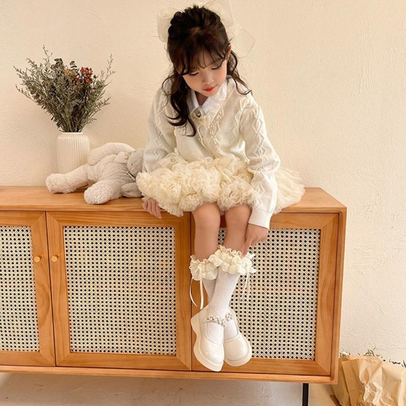 Breathable Cotton Hosiery Socks for Girls Toddler Stretchy Knee High Socks Puff Edge Lace Bows Socks for Autumn Spring