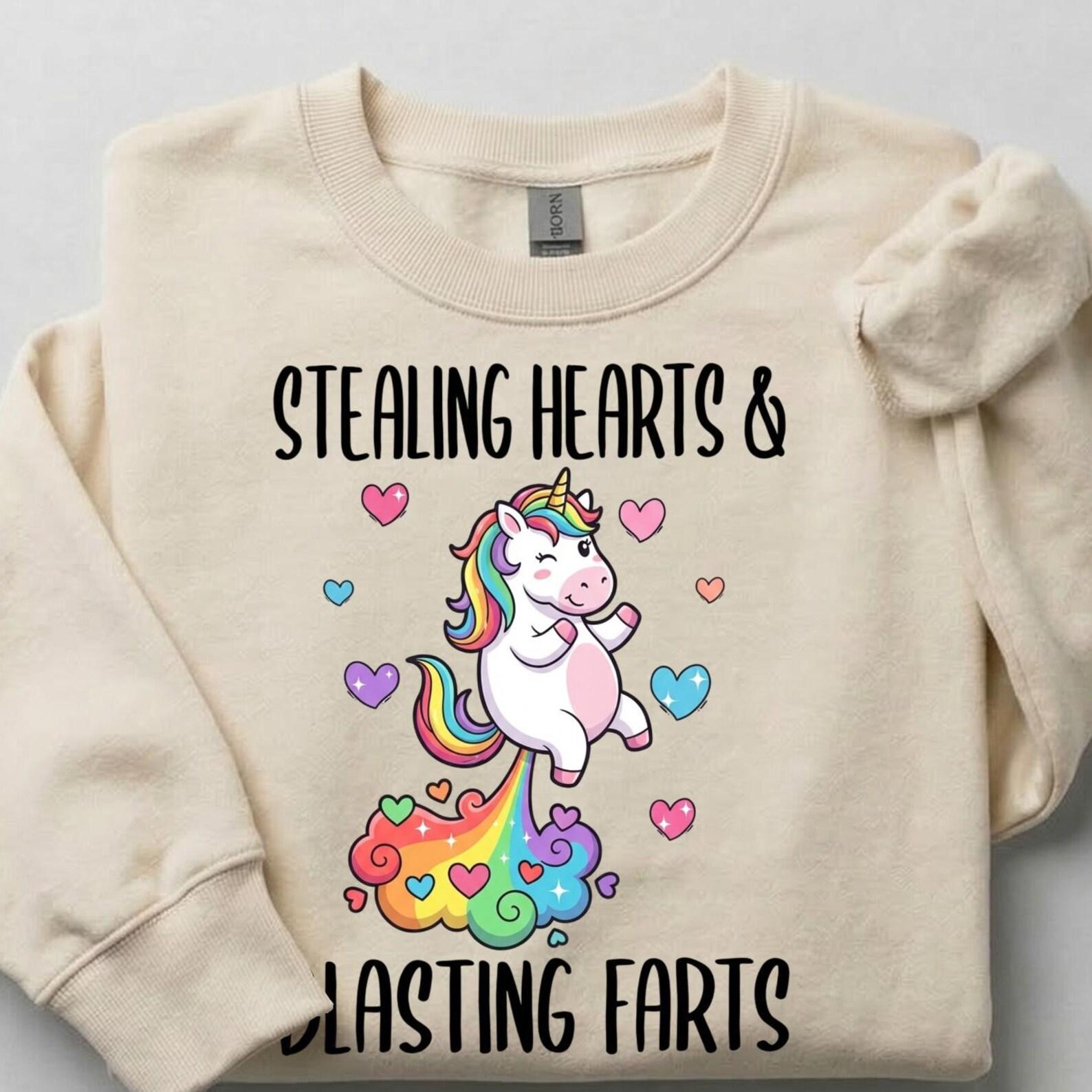 Stealing Hearts & Blasting Farts Unicorn T-Shirt, Funny Unicorn Tee, Cute Sarcastic Shirt, Rainbow Unicorn Graphic Tee L