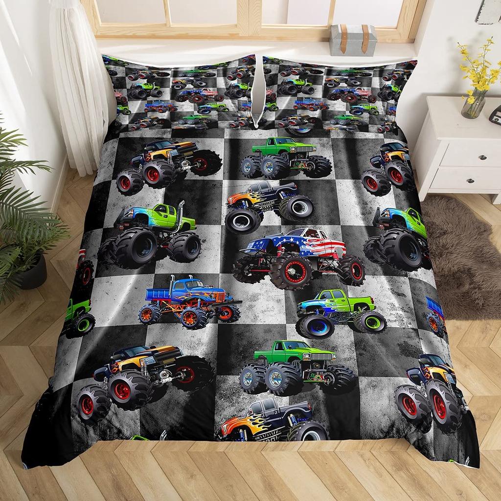 Truck Excavator Duvet Cover Set Queen Size For Kids Nursery Cartoon Tractor Engineering Vehicle Construction Theme Bedding Set