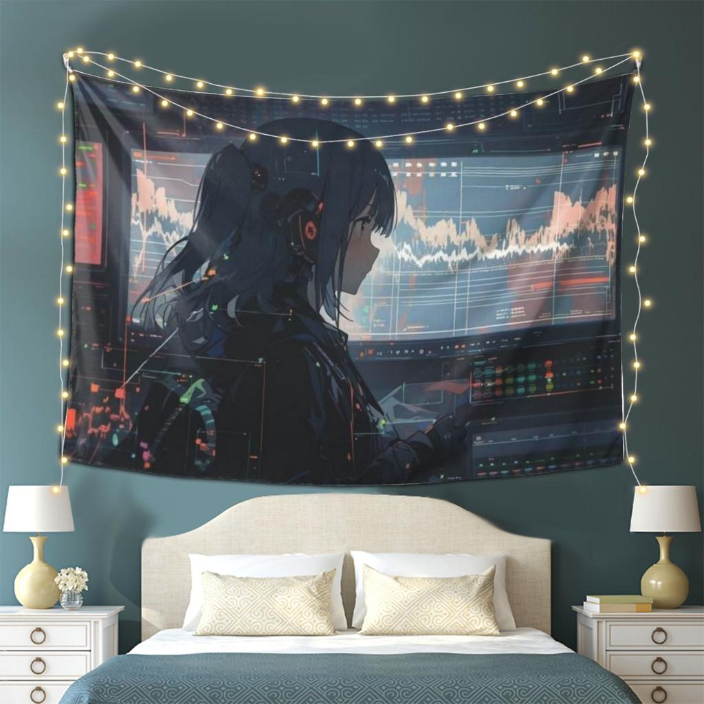 Cyberpunk Anime Mädchen Wandteppich  Feiert futuristische Kunst mit Neonschildern und digitalen Bildschirmen  Perfekt für die Wohnungsdekoration