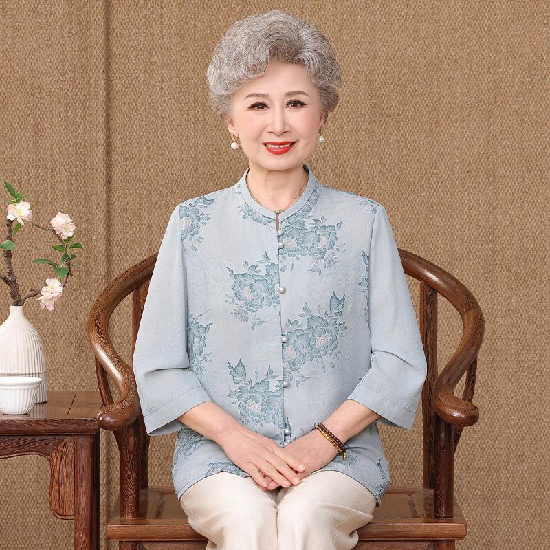 

Elegant Ice Silk Tang Suit Top - 3/4 Sleeve for Women Aged 60-80 2XL (115-125 jin)