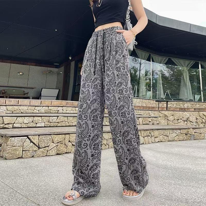 Women High Waist Vintage Floral Print Wide Leg Pants Loose Drape Straight No Pockets Casual Trousers For Summer Lazy Daily Commute Wear