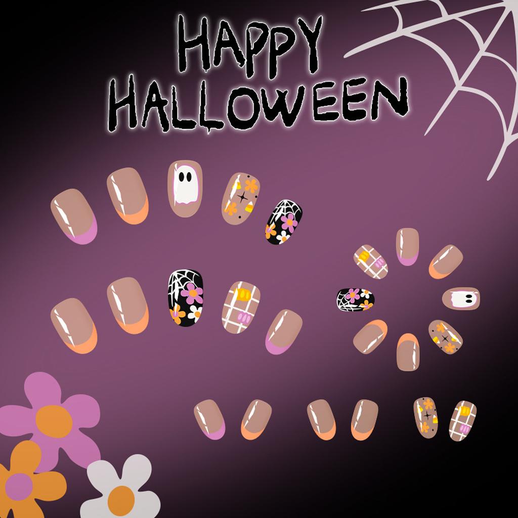 Halloween Press On Nails Almond Fake Nails Bat Acrylic Nails Glossy False Nails Stick On Nails Full Cover Fake Nails