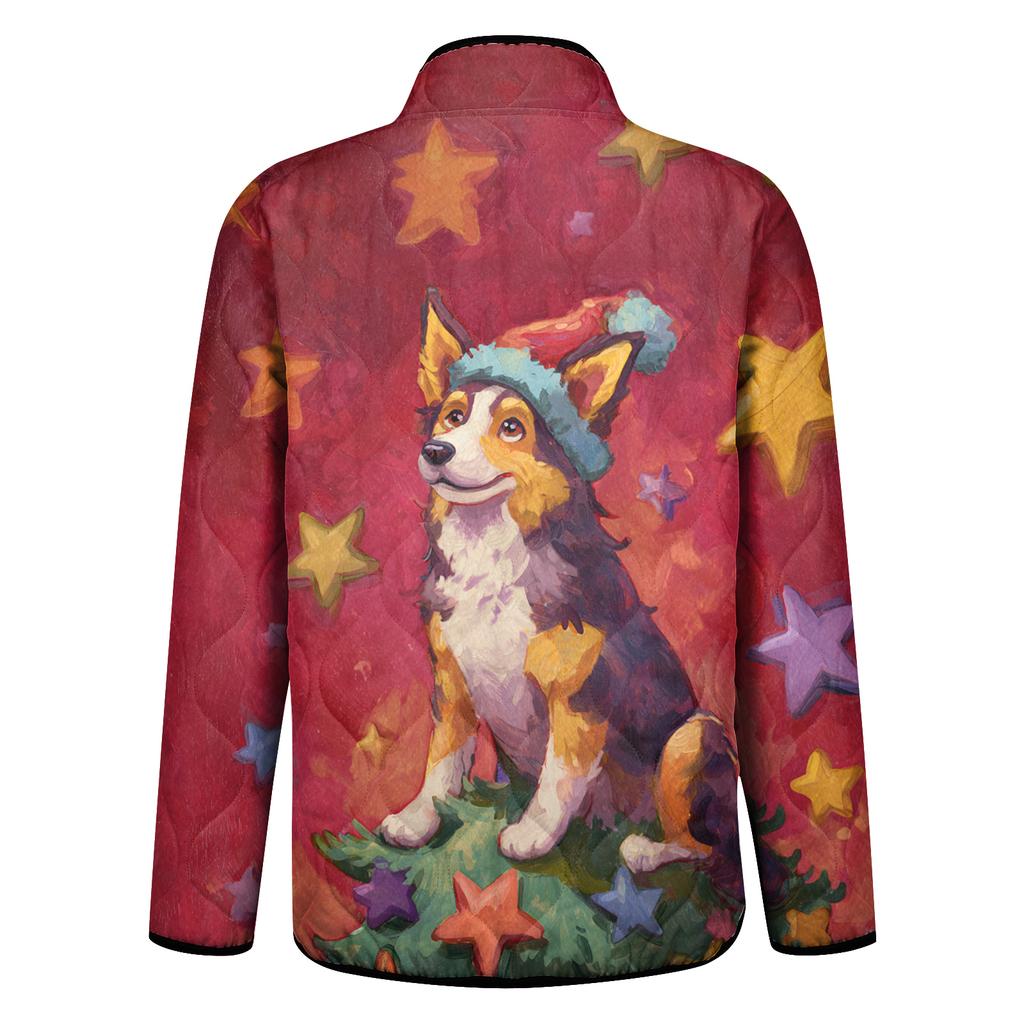 Dámský vánoční potisk s vysokým límcem polstrovaný bavlněný kabát s dlouhým rukávem a zapínáním na knoflíky