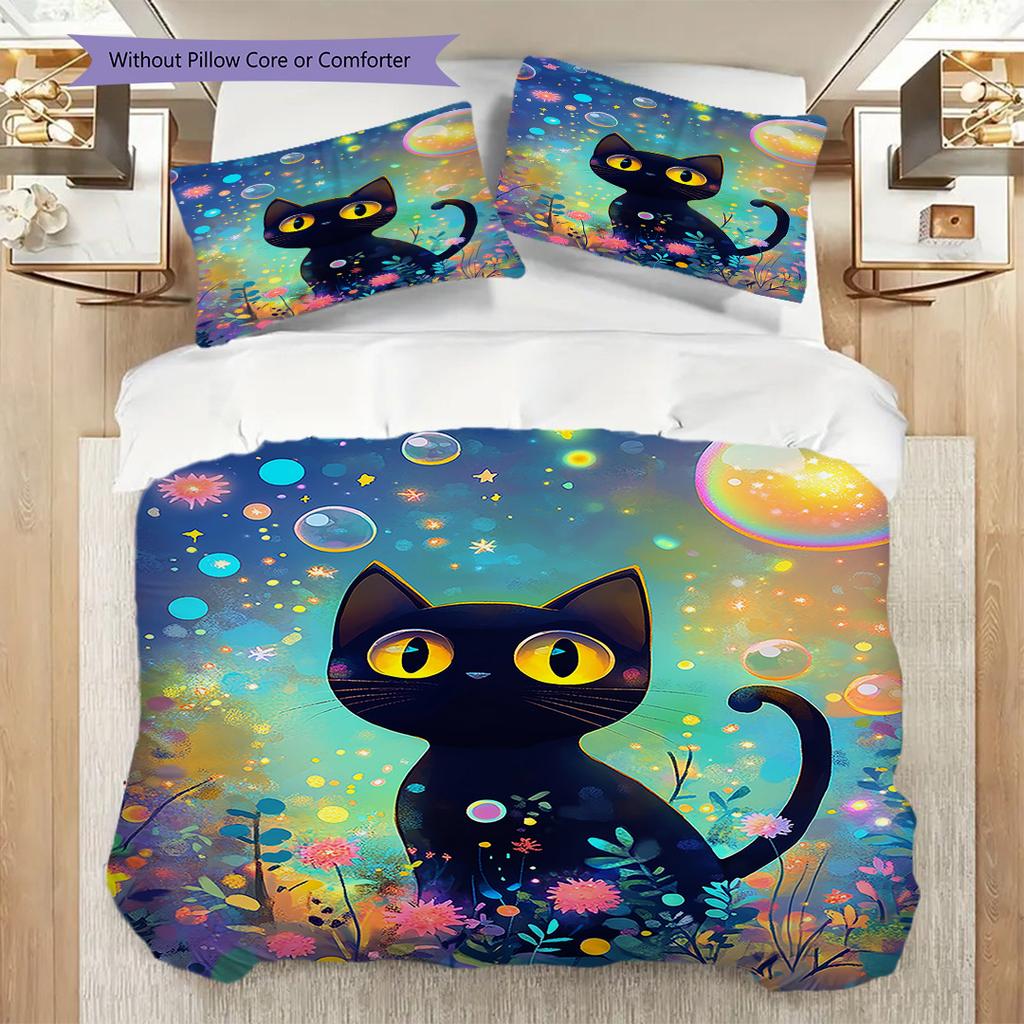 Black Cat Pattern Bedding Quilt Set Quilt Cover Pillowcase Home Decoration Birthday Gift (1 * Duvet Cover + 2 * Pillowcase, Without Core)